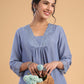Janasya Gathering Muslin Blue Solid V-Neck Set | Swadesiicart