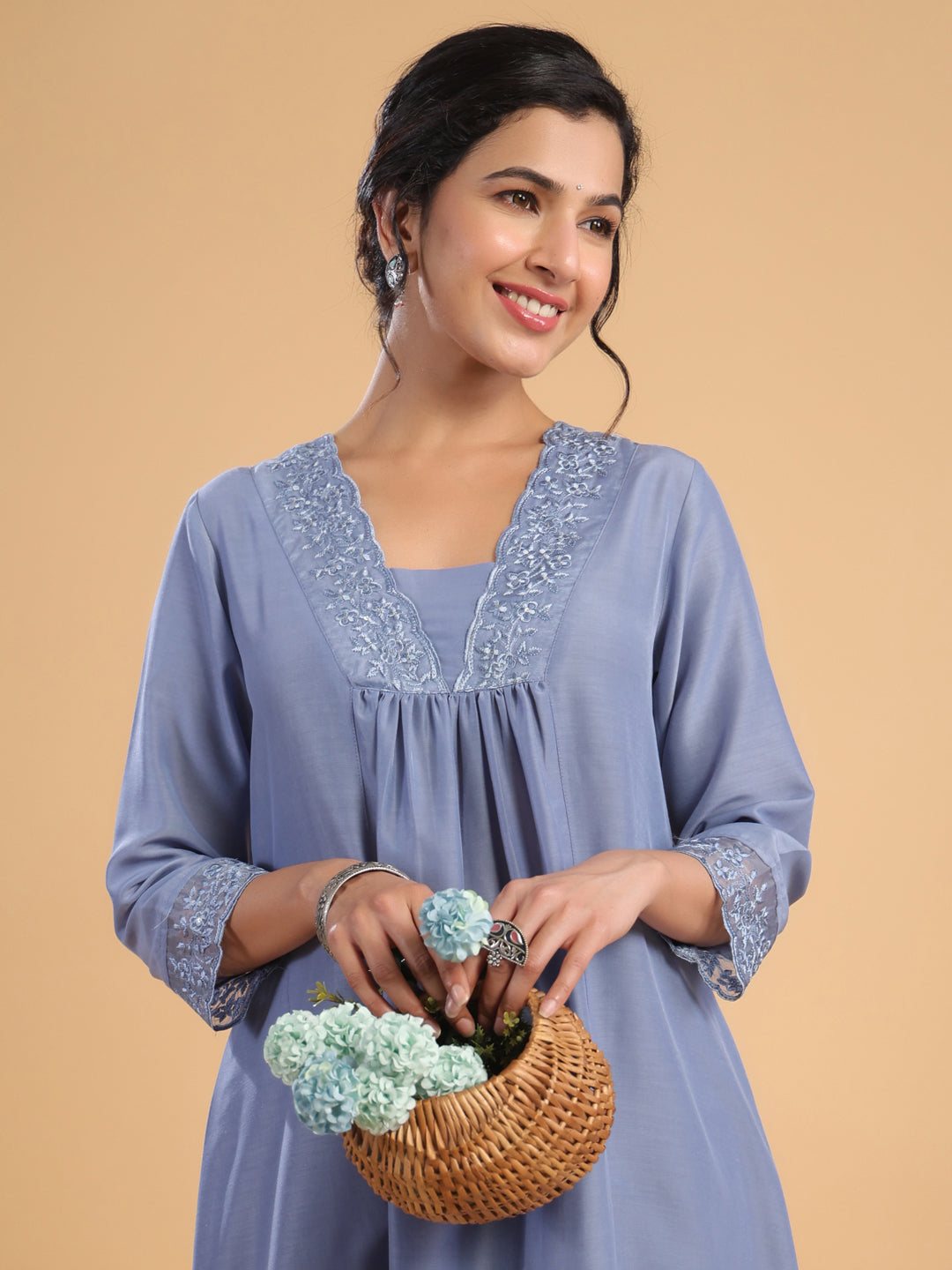 Janasya Gathering Muslin Blue Solid V-Neck Set | Swadesiicart