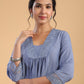 Janasya Gathering Muslin Blue Solid V-Neck Set | Swadesiicart