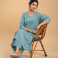 Janasya Gathering Muslin Sage Yoke Embroidery V-Neck Kurta Set | Swadesiicart