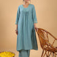 Janasya Gathering Muslin Sage Yoke Embroidery V-Neck Kurta Set | Swadesiicart