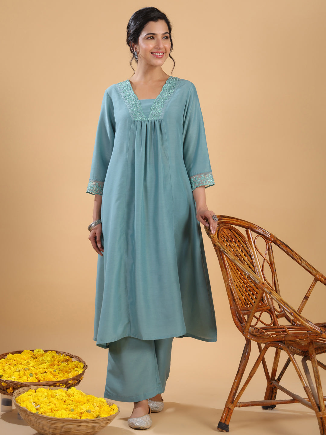 Janasya Gathering Muslin Sage Yoke Embroidery V-Neck Kurta Set | Swadesiicart