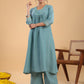 Janasya Gathering Muslin Sage Yoke Embroidery V-Neck Kurta Set | Swadesiicart