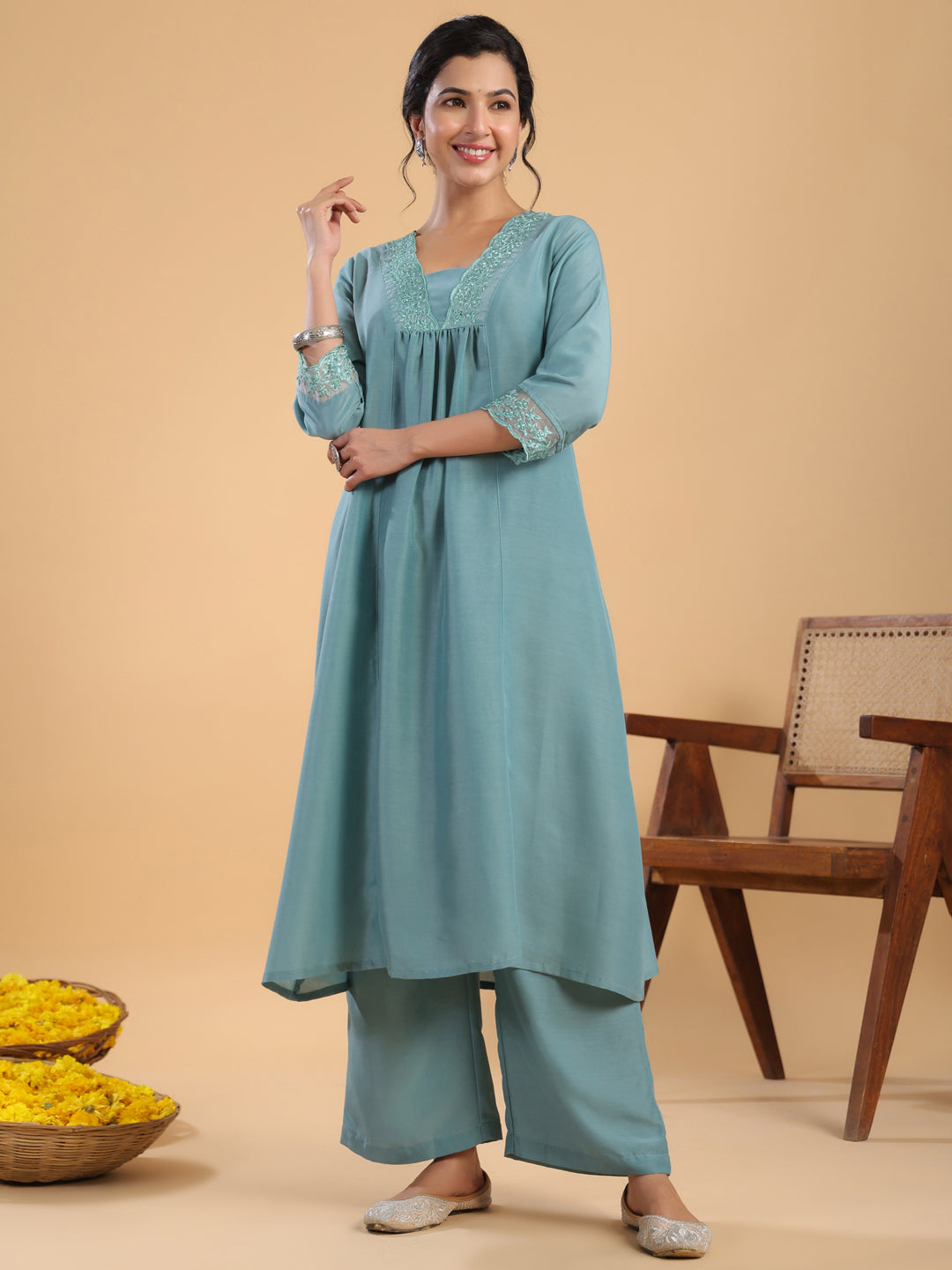 Janasya Gathering Muslin Sage Yoke Embroidery V-Neck Kurta Set | Swadesiicart