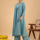 Janasya Gathering Muslin Sage Yoke Embroidery V-Neck Kurta Set | Swadesiicart