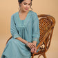 Janasya Gathering Muslin Sage Yoke Embroidery V-Neck Kurta Set | Swadesiicart