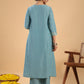 Janasya Gathering Muslin Sage Yoke Embroidery V-Neck Kurta Set | Swadesiicart