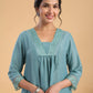 Janasya Gathering Muslin Sage Yoke Embroidery V-Neck Kurta Set | Swadesiicart