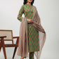 Janasya Straight Cambric Green Ethnic Motifs Band Collar Kurta,Bottom & Dupatta - Swadesiicart