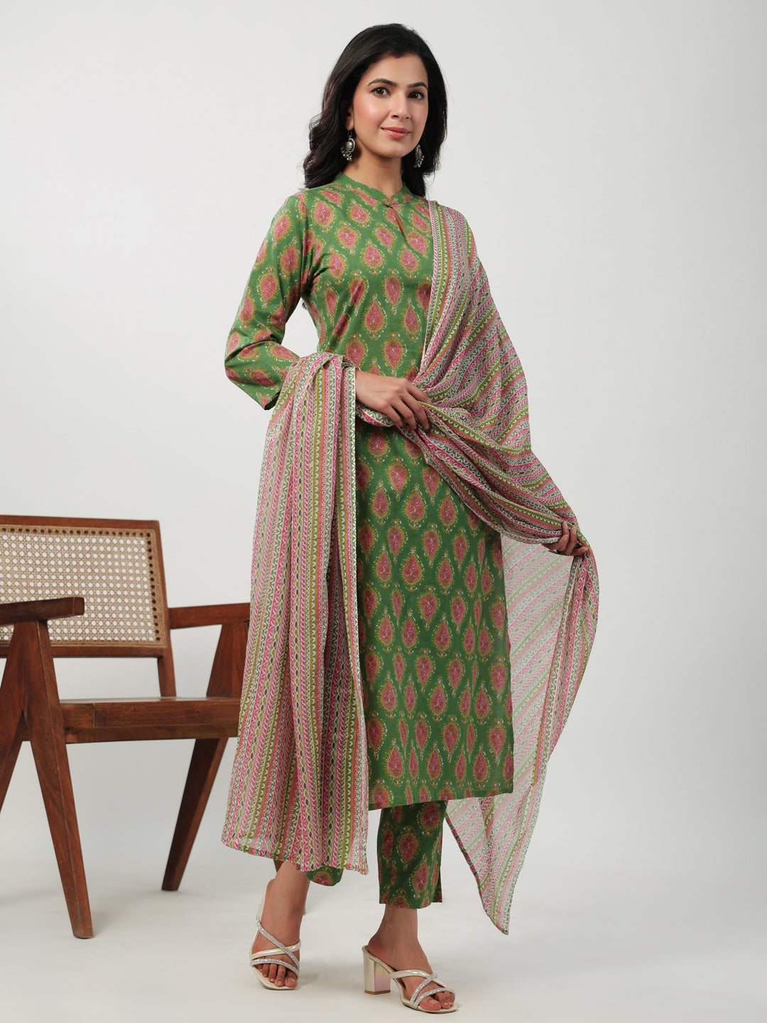 Janasya Green Cambric Ethnic Motifs Kurta,Bottom & Dupatta | Swadesiicart