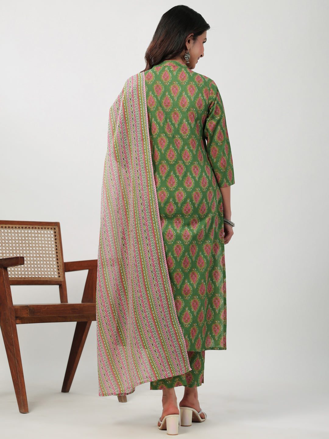 Janasya Straight Cambric Green Ethnic Motifs Band Collar Kurta,Bottom & Dupatta - Swadesiicart