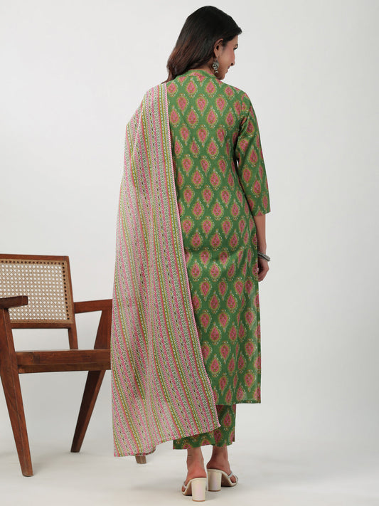 Janasya Straight Cambric Green Ethnic Motifs Band Collar Kurta,Bottom & Dupatta - Swadesiicart