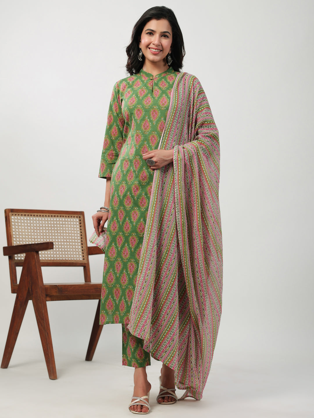 Janasya Green Cambric Ethnic Motifs Kurta,Bottom & Dupatta | Swadesiicart