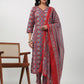 Janasya Straight Cambric Red Ethnic Motifs V-Neck Set - Swadesiicart