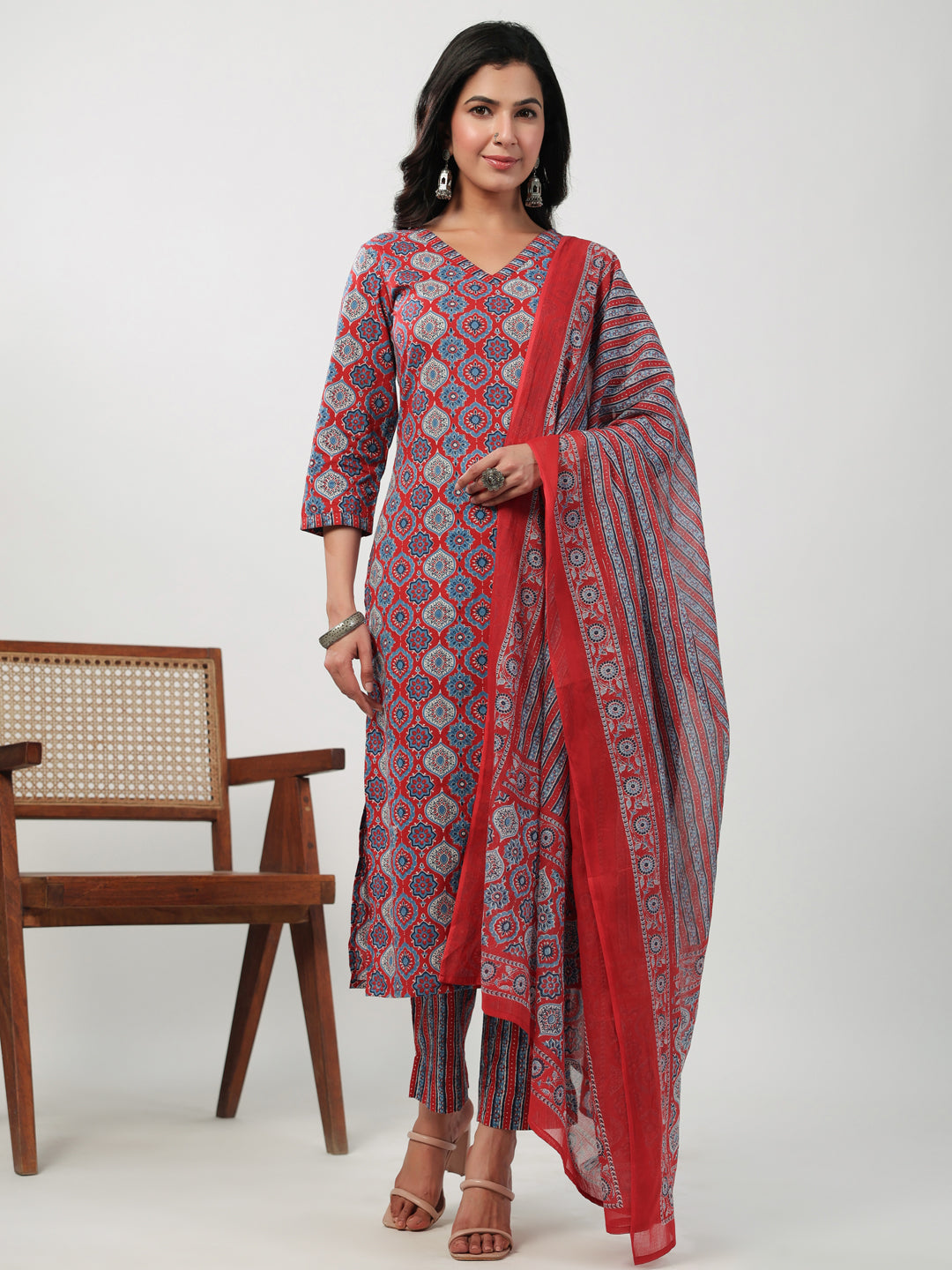 Janasya Straight Cambric Red Ethnic Motifs V-Neck Set - Swadesiicart