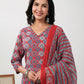 Janasya Straight Cambric Red Ethnic Motifs V-Neck Set - Swadesiicart