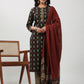 Janasya Straight Cambric Black Ethnic Motifs Round Neck Set - Swadesiicart