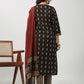 Janasya Straight Cambric Black Ethnic Motifs Round Neck Set - Swadesiicart