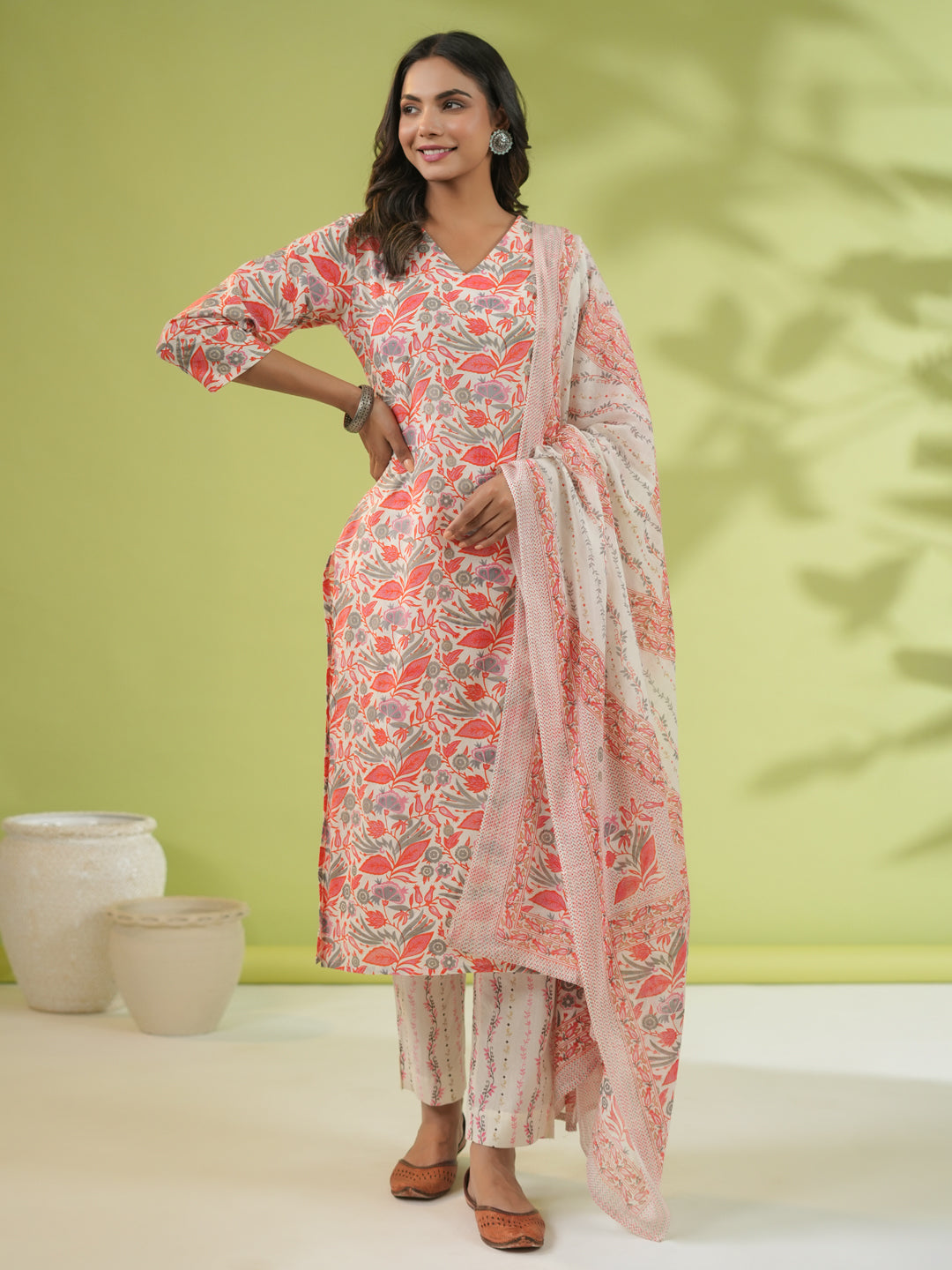 Janasya Straight Cambric Off White Floral V-Neck Set | Swadesiicart