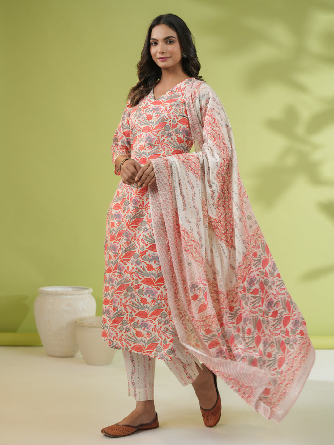 Janasya Straight Cambric Off White Floral V-Neck Set | Swadesiicart