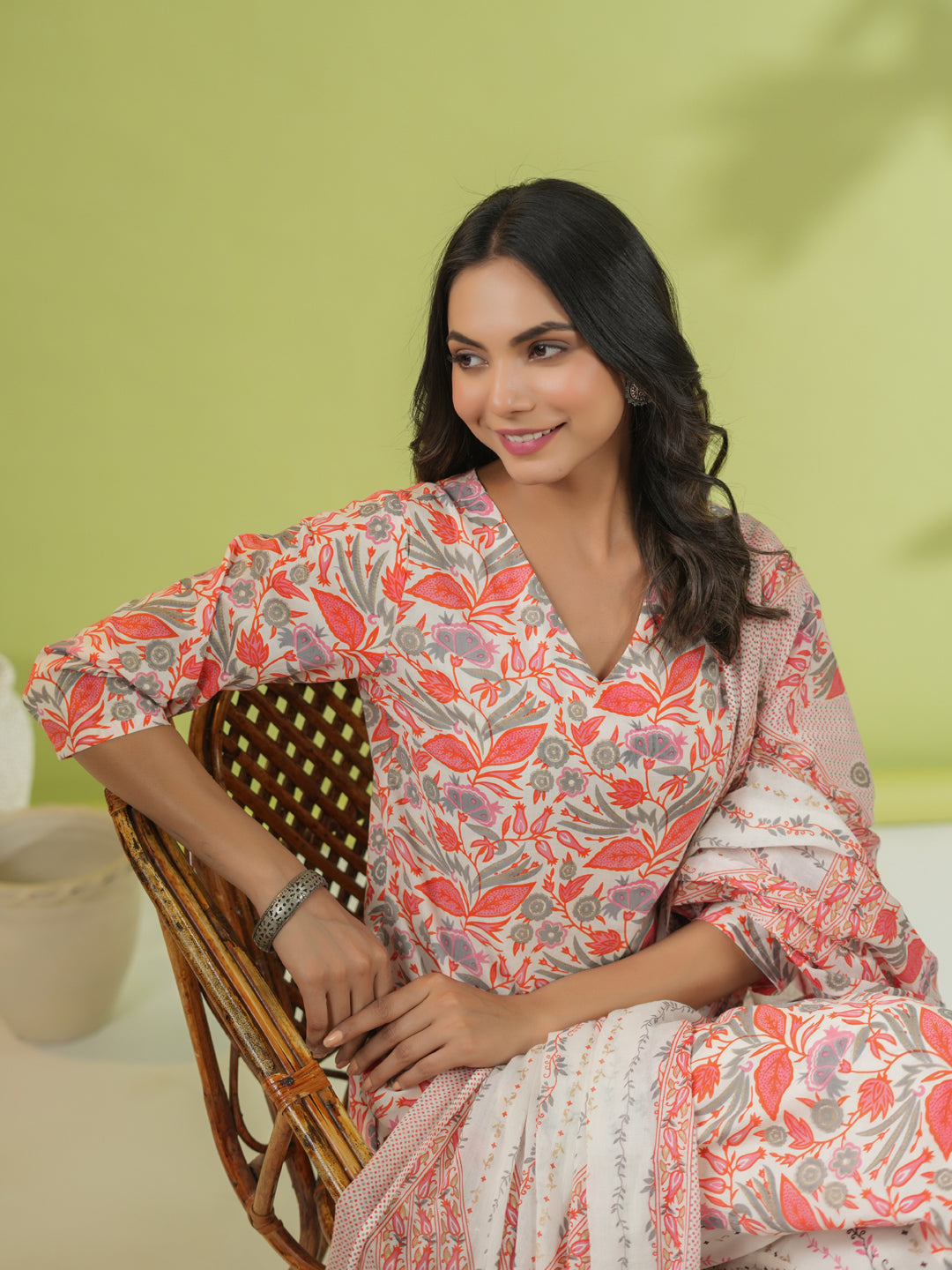 Janasya Straight Cambric Off White Floral V-Neck Set | Swadesiicart