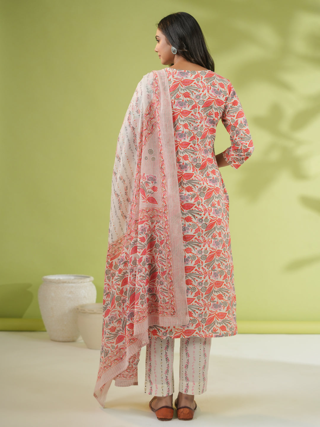 Janasya Straight Cambric Off White Floral V-Neck Set | Swadesiicart