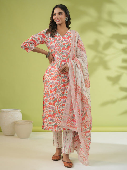 Janasya Straight Cambric Off White Floral V-Neck Set | Swadesiicart