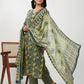 Janasya Straight Cambric Green Ethnic Motifs V-Neck Set | Swadesiicart