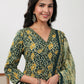 Janasya Straight Cambric Green Ethnic Motifs V-Neck Set | Swadesiicart