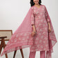 Janasya Straight Cambric Pink Floral V-Neck Set | Swadesiicart