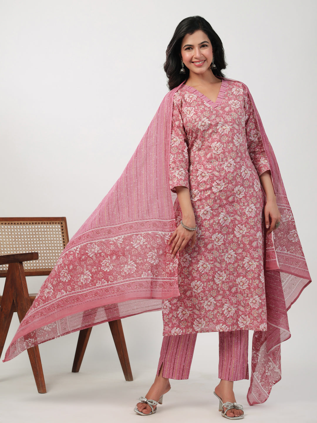 Janasya Straight Cambric Pink Floral V-Neck Set | Swadesiicart