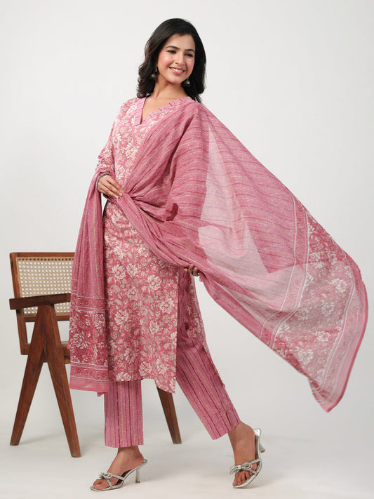 Janasya Straight Cambric Pink Floral V-Neck Set | Swadesiicart