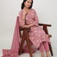 Janasya Straight Cambric Pink Floral V-Neck Set | Swadesiicart