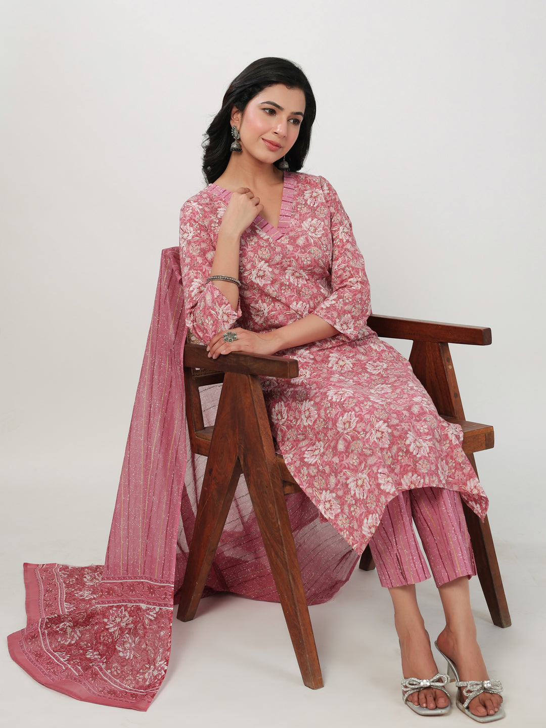Janasya Straight Cambric Pink Floral V-Neck Set | Swadesiicart