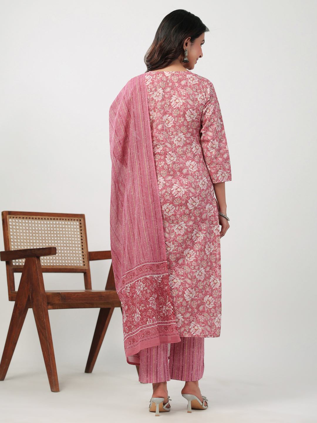 Janasya Straight Cambric Pink Floral V-Neck Set | Swadesiicart