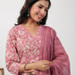 Janasya Straight Cambric Pink Floral V-Neck Set | Swadesiicart