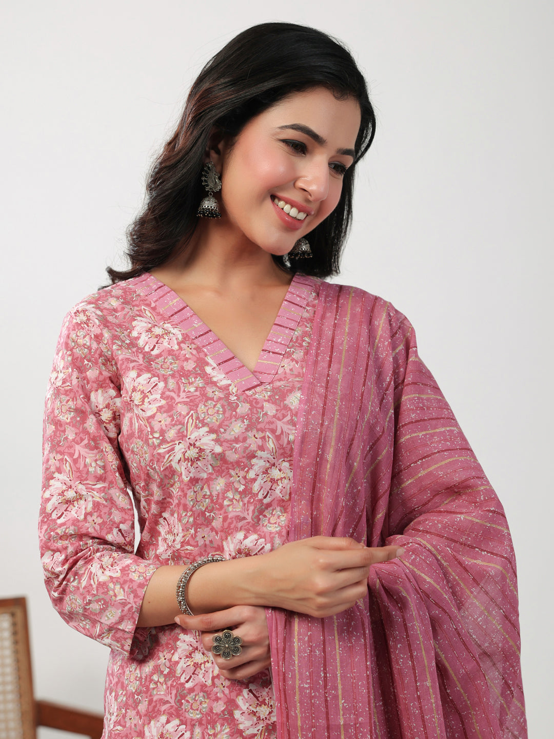 Janasya Straight Cambric Pink Floral V-Neck Set | Swadesiicart