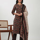 Janasya Straight Cambric Black Floral Notch Neck Kurta,Bottom & Dupatta | Swadesiicart