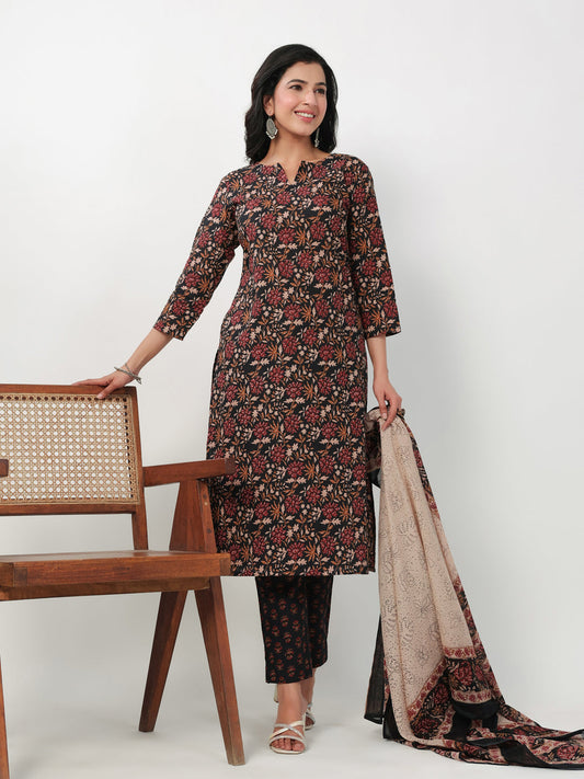 Janasya Straight Cambric Black Floral Notch Neck Kurta,Bottom & Dupatta | Swadesiicart