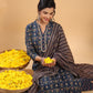 Janasya Straight Cambric Dark Blue Ethnic Motifs Band Collar Kurta,Bottom & Dupatta | Swadesiicart