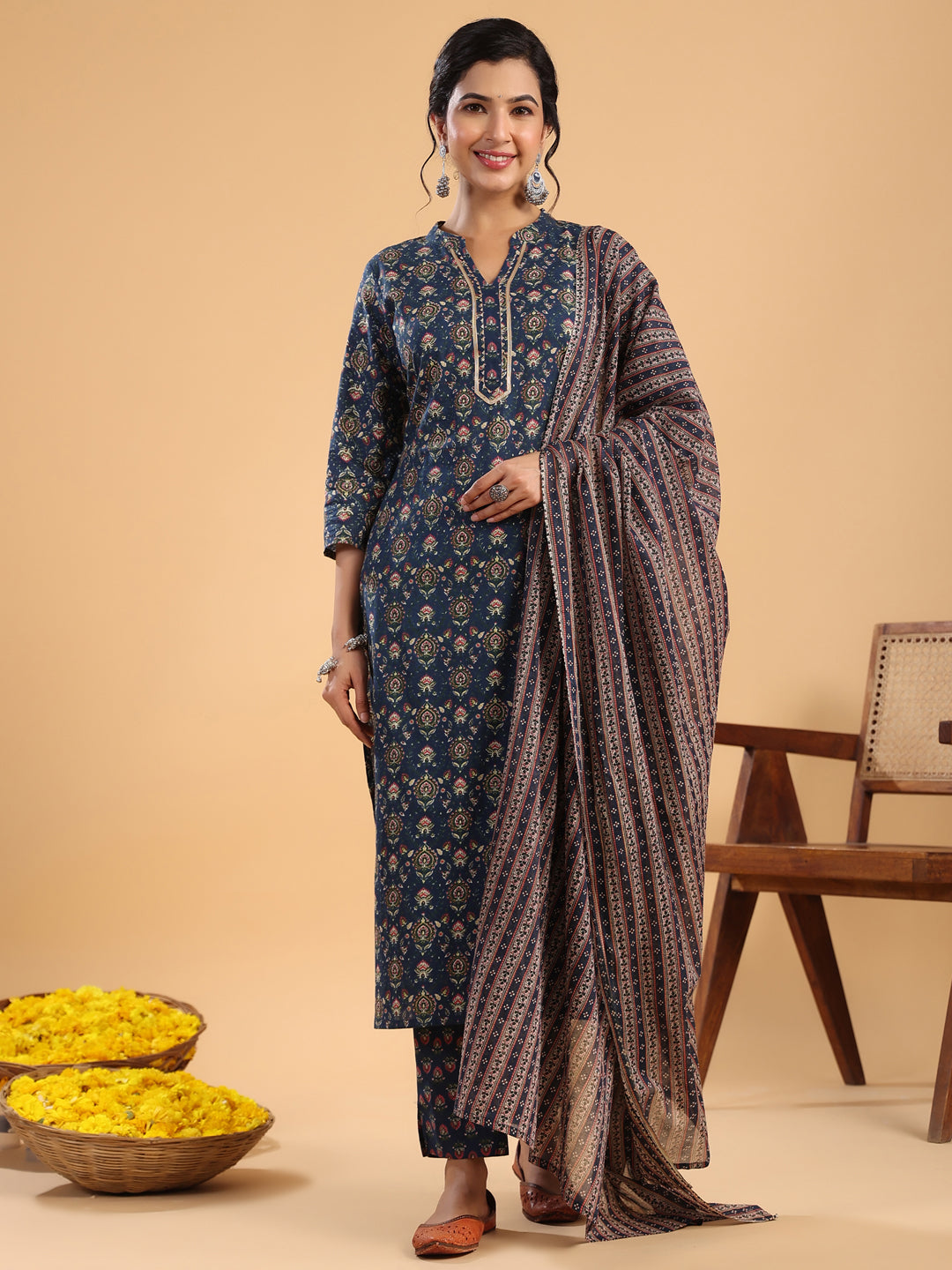 Janasya Straight Cambric Dark Blue Ethnic Motifs Band Collar Kurta,Bottom & Dupatta | Swadesiicart