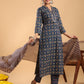 Janasya Straight Cambric Dark Blue Ethnic Motifs Band Collar Kurta,Bottom & Dupatta | Swadesiicart