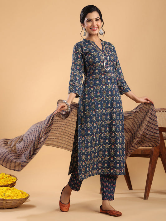 Janasya Straight Cambric Dark Blue Ethnic Motifs Band Collar Kurta,Bottom & Dupatta | Swadesiicart