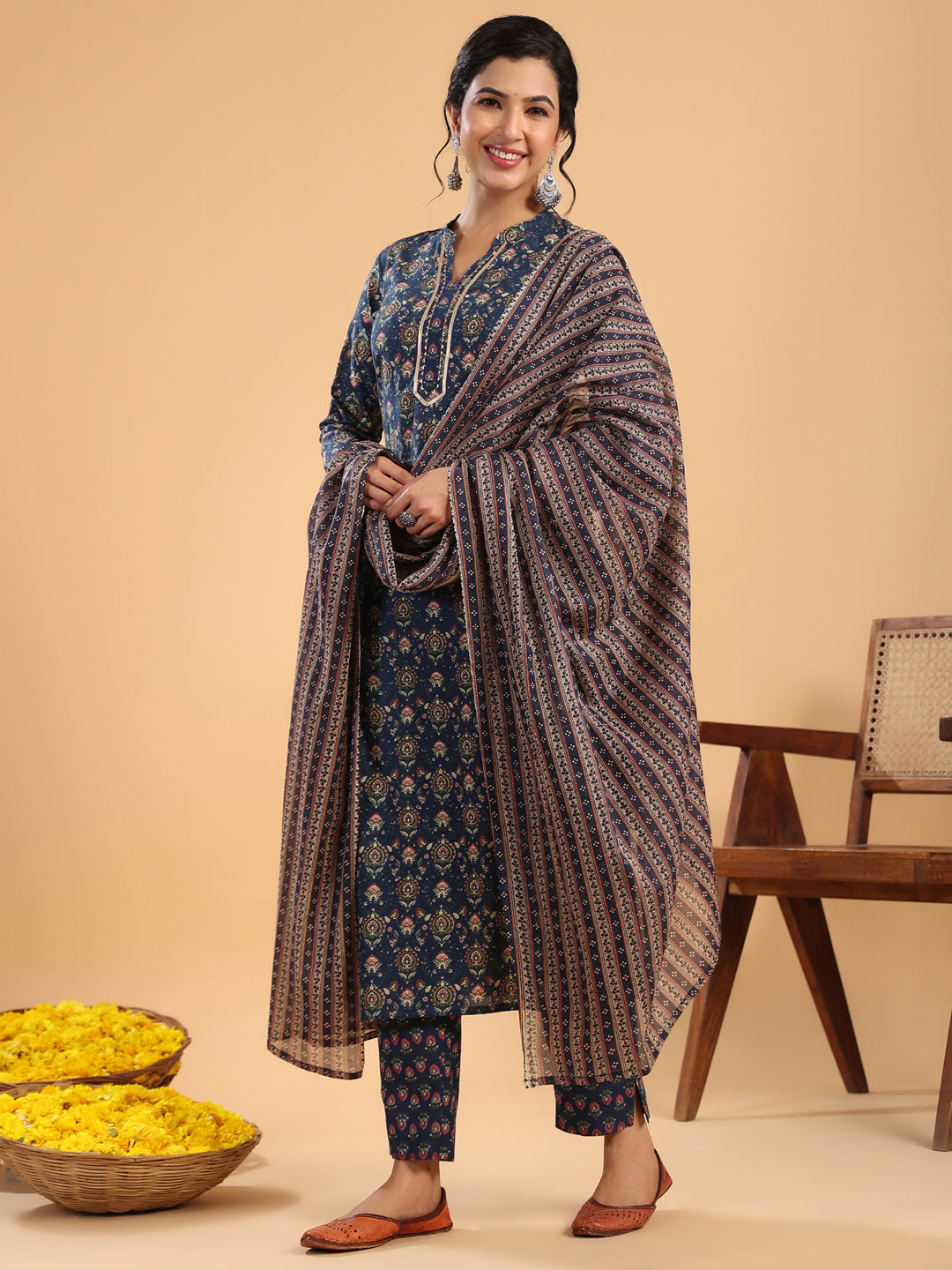 Janasya Straight Cambric Dark Blue Ethnic Motifs Band Collar Kurta,Bottom & Dupatta | Swadesiicart