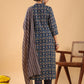 Janasya Straight Cambric Dark Blue Ethnic Motifs Band Collar Kurta,Bottom & Dupatta | Swadesiicart