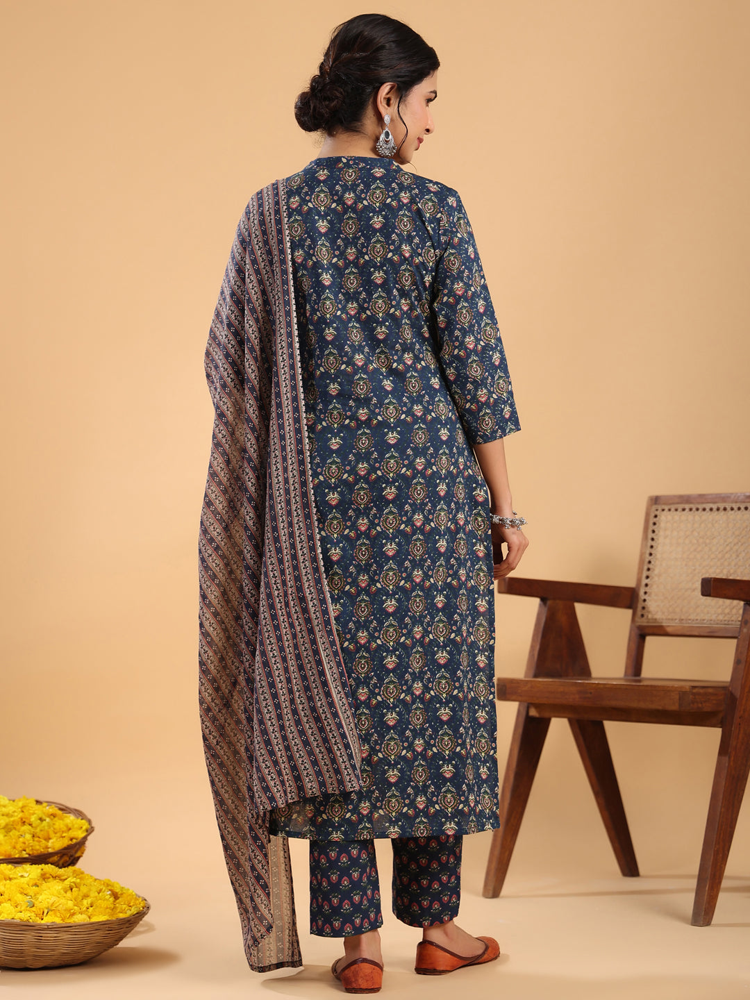 Janasya Straight Cambric Dark Blue Ethnic Motifs Band Collar Kurta,Bottom & Dupatta | Swadesiicart