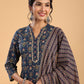 Janasya Straight Cambric Dark Blue Ethnic Motifs Band Collar Kurta,Bottom & Dupatta | Swadesiicart