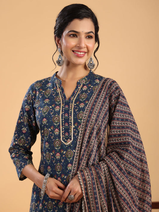 Janasya Dark Cotton Ethnic Motifs Straight Kurta Set | Swadesiicart