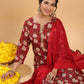 Janasya Regular Cambric Maroon Striped Notch Neck Set - Swadesiicart