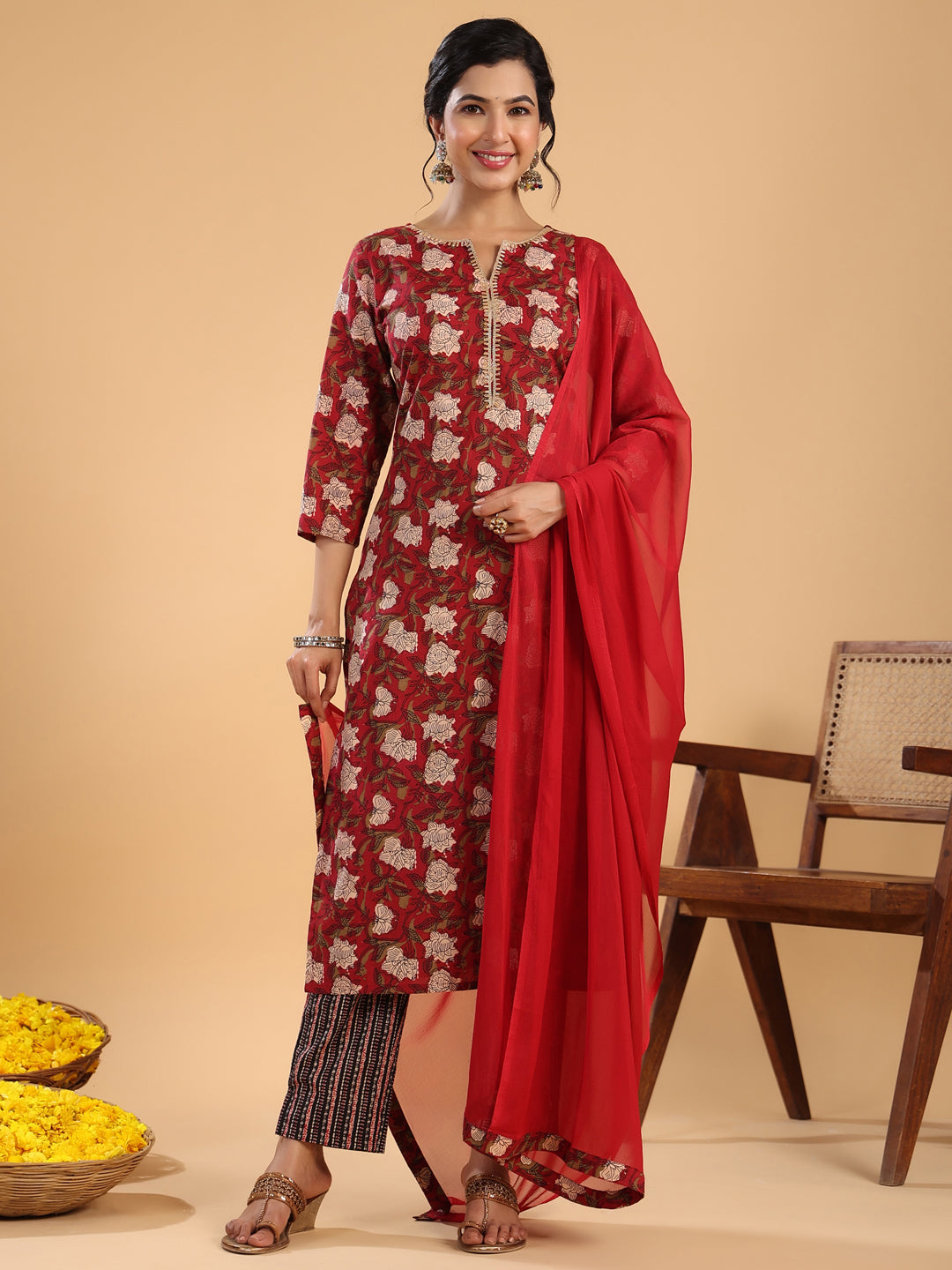 Janasya Regular Cambric Maroon Striped Notch Neck Set - Swadesiicart